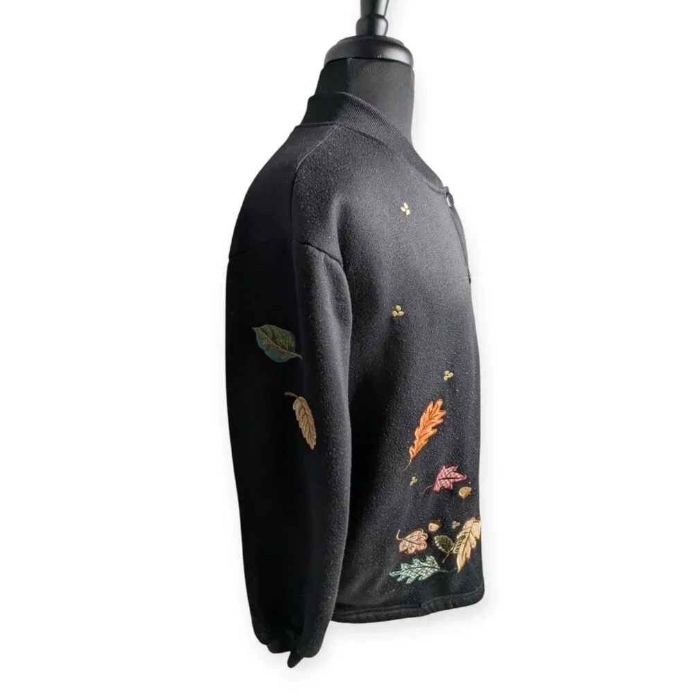 BonWorth Black Button Front Cardigan Leaf Squirrel & Fall Designs Size Large Pet